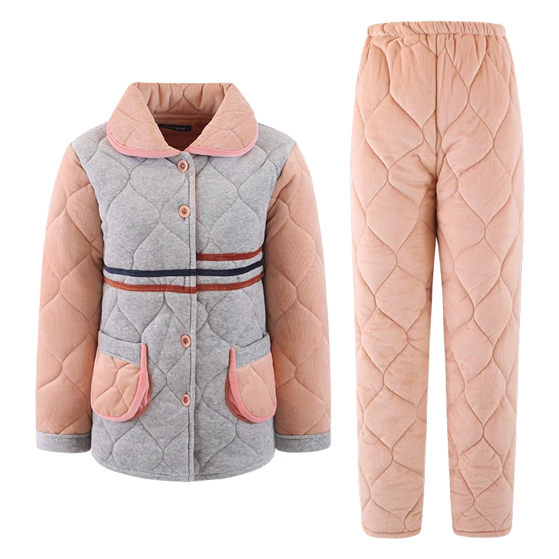 

Couple 3 layers quilted pajamas sets men and women thicken pijamas coral fleece sleepwear home wear warm pajamas lover pyjamas