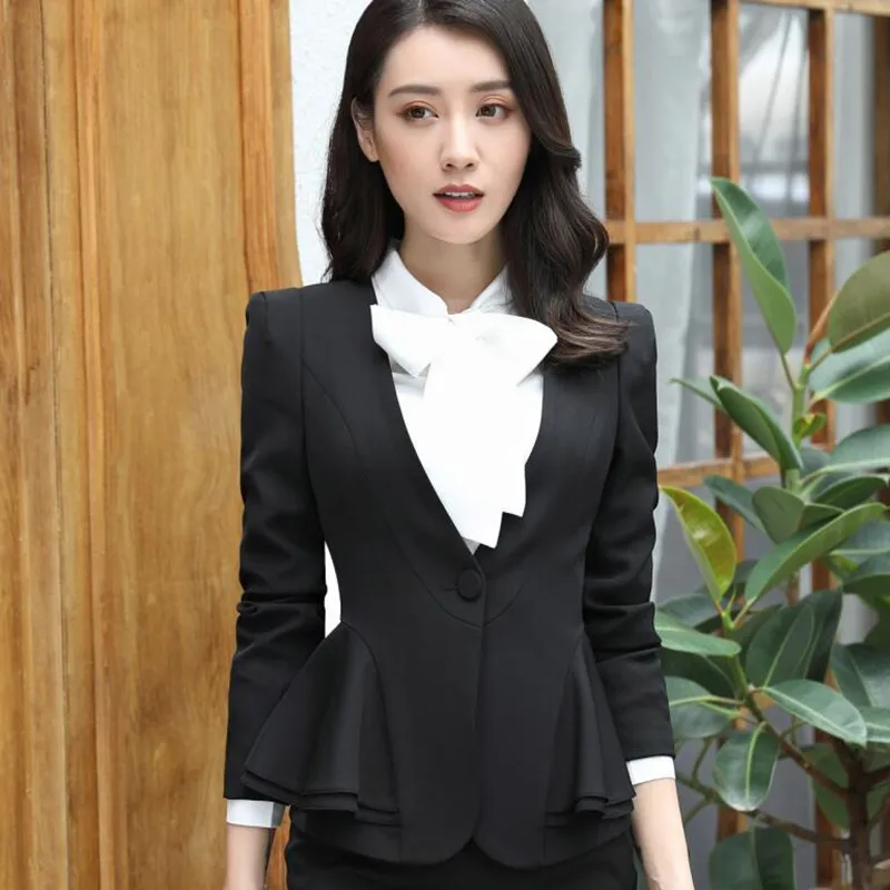 Black blazer Модный Элегантный красный женский Блейзер, Зимний деловой пиджак с рюшами и v-образным вырезом, офисный женский пиджак размера плюс, офисное пальто абрикосового цвета - Цвет: Black blazer