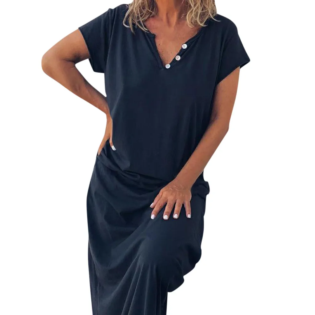 JAYCOSIN New Fashion Loose Solid Color Dress Women Summer Short Sleeve Party Sundress Button ropa dropship 516 | Женская одежда