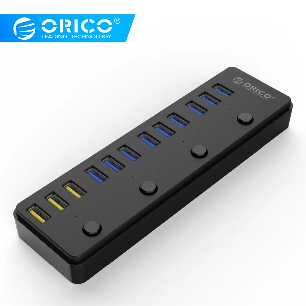 Концентратор USB 3,0 ORICO P12-U3 с адаптером питания 12 В 5А 60 Вт 12 портов с 3 портами BC1.2 зарядными портами Настольный многофункциональный концентратор 3,0