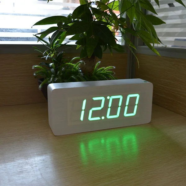 white green FiBiSonic Заводские деревянные будильники, термометр деревянный Светодиодный Настольные часы с контролем звуков, большие цифры Цифровые Часы - Цвет: white green