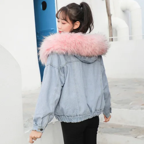 Pink Fur collar Denim Jacket women clothing warm cotton jeans winter jacket hoodies outerwear parka women coats hooded bomber jackets coat women - Цвет: Pink Fur collar