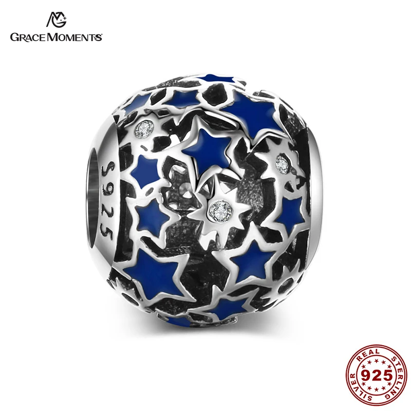 Get 5pcs Wholesale Certified 925 Sterling Silver Large Hole Enamel Beads Blue Starry Sky CZ Charm Fits Original Bracelet | Украшения и