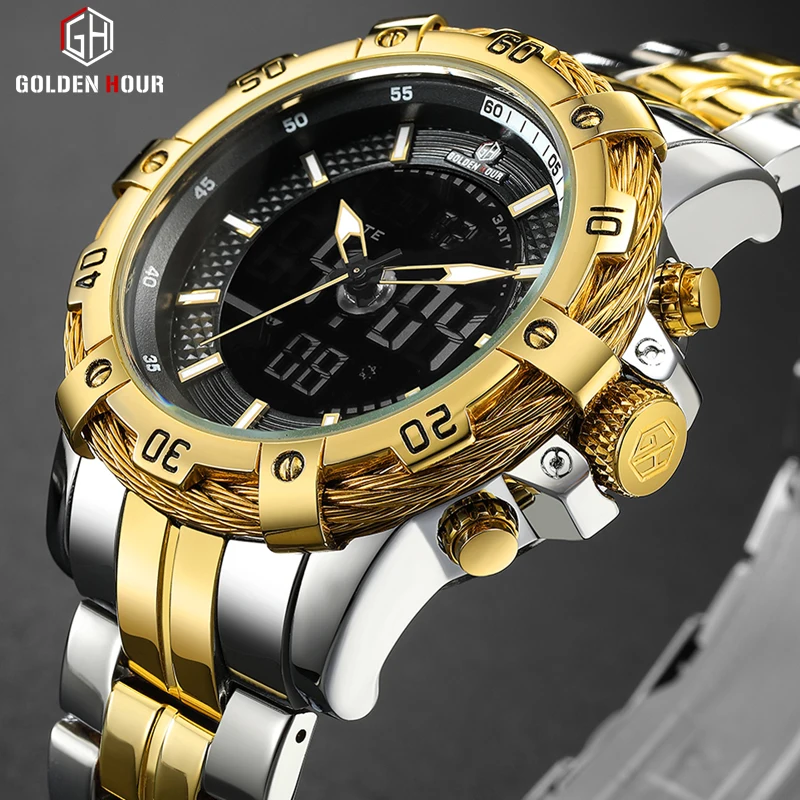 

GOLDENHOUR Mens Digital Analog Watch Luxury Fashion Sport Waterproof Two Tone Stainless Steel Male Watch Clock Relogio Masculino