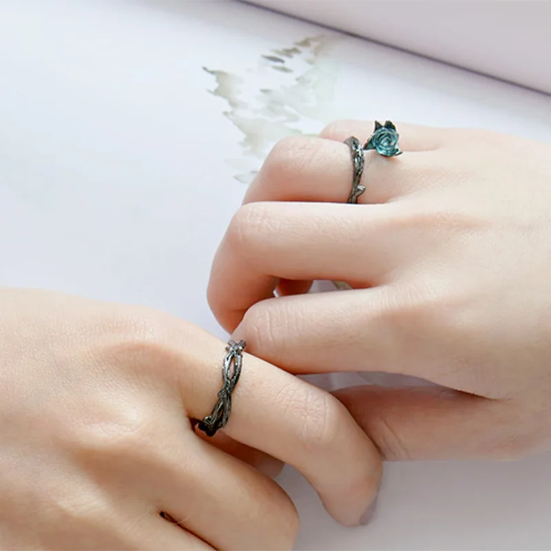 Оригинальное регулируемое кольцо модные парные кольца с черным цветком розы для