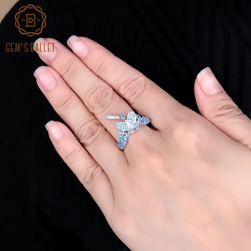 GEM'S BALLET, новинка, нано Лондон, синяя бабочка, кольцо, чистое 925 пробы, серебряное, романтическое, модное, обручальное кольцо для женщин, хорошее ювелирное изделие