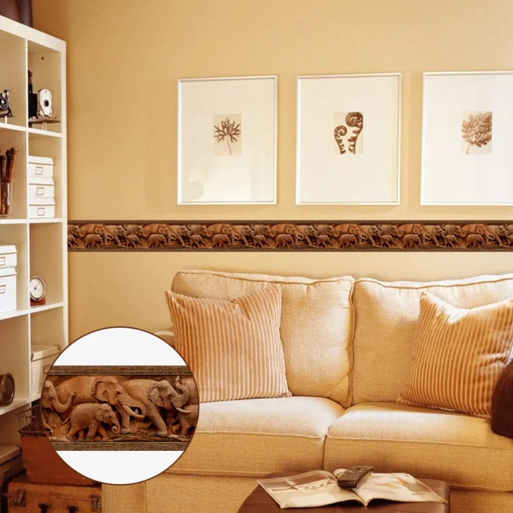 

Creative Self Adhesive Wallpaper Baseboard LivingRoom Bathroom Retro Elephant Pattern Waterproof Waistline Wall Stickers YX004