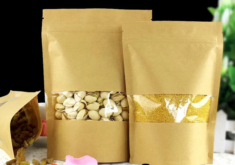 50 шт./лот коричневый стоьте вверх крафт бумаги мешки на молнии с окном конфеты