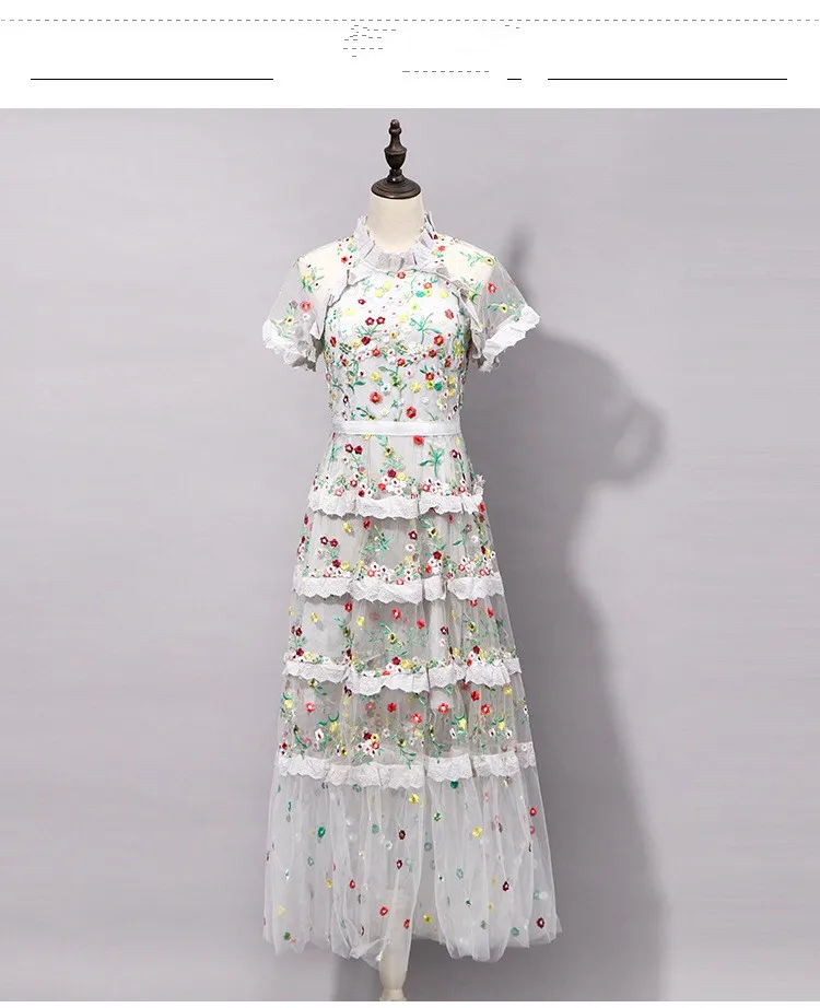 New Fashion Runway Summer Dress Women's Flare Sleeve Floral Embroidery Elegant Mesh Hollow Out Midi Dresses