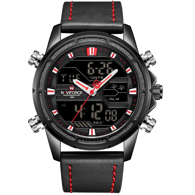 Black Red Лидирующий бренд мужские спортивные часы NAVIFORCE Мужские кварцевые аналоговые светодиодный часы мужские кожаные военные водонепроницаемые наручные часы Relogio Masculino - Цвет: Black Red