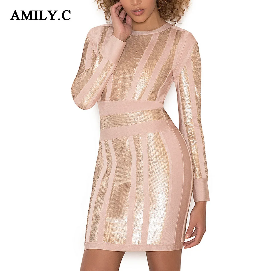 Amily.c 2021 New Summer Women Bandage Dress Sexy Bodycon O Neck Sequined Celebrity Party Black Apricot Dresses Vestidos | Женская одежда