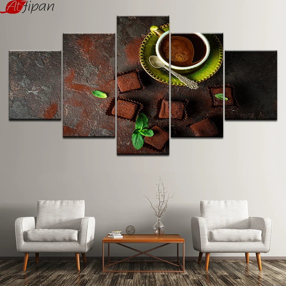 Модульная Картина на холсте 5 шт. кофейные зеленые листья и десерты картина