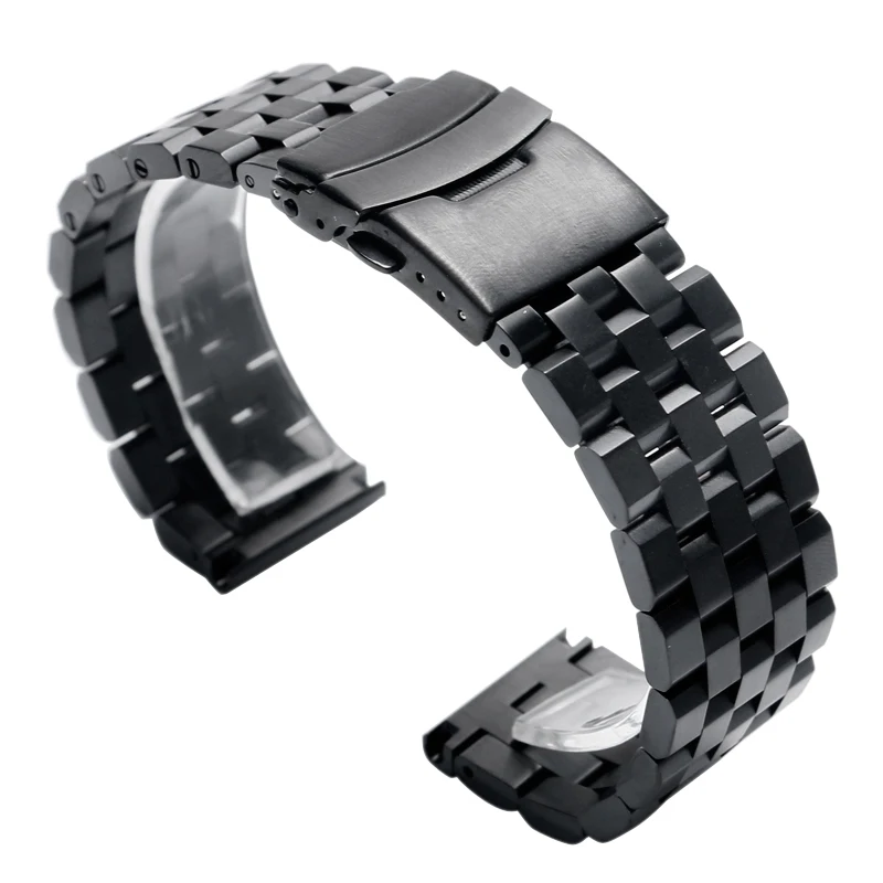 

High Quality 24 mm Black Stainless Steel Watchband Replacement Folding Buckle Wrist Band Strap Bracelet + 2 Spring Bars