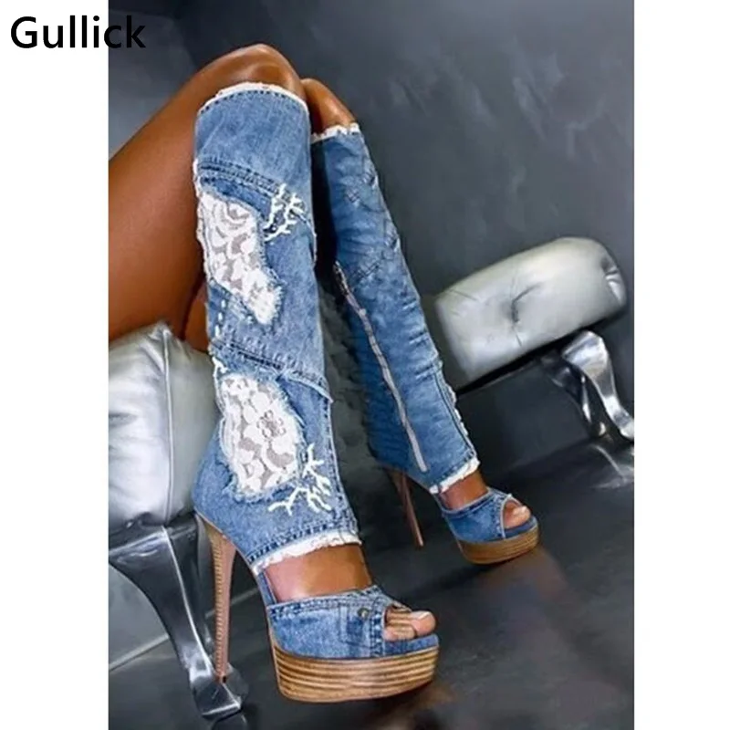 Gullick/женские высокие сапоги выше колена из джинсовой ткани в стиле пэчворк Летние