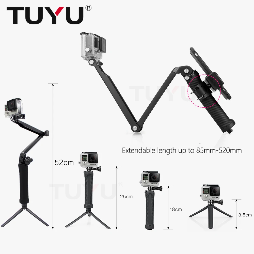 Go Pro Аксессуары 3 way Grip Arm штатив монопод Selfie stick Mount для Gopro Hero 4 5 xiaoyi SJCAM EKEN h9 sports