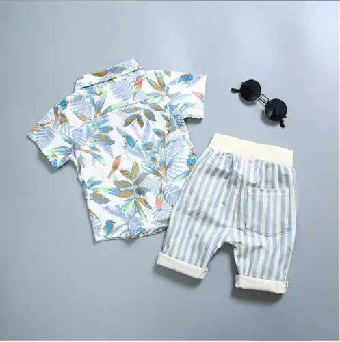 2019 Brand Summer Newborn Baby Boy Fashion Clothes Green Leaf Short Sleeve Tops Shirt+Short Striped Pants Set Holiday Beachwear |