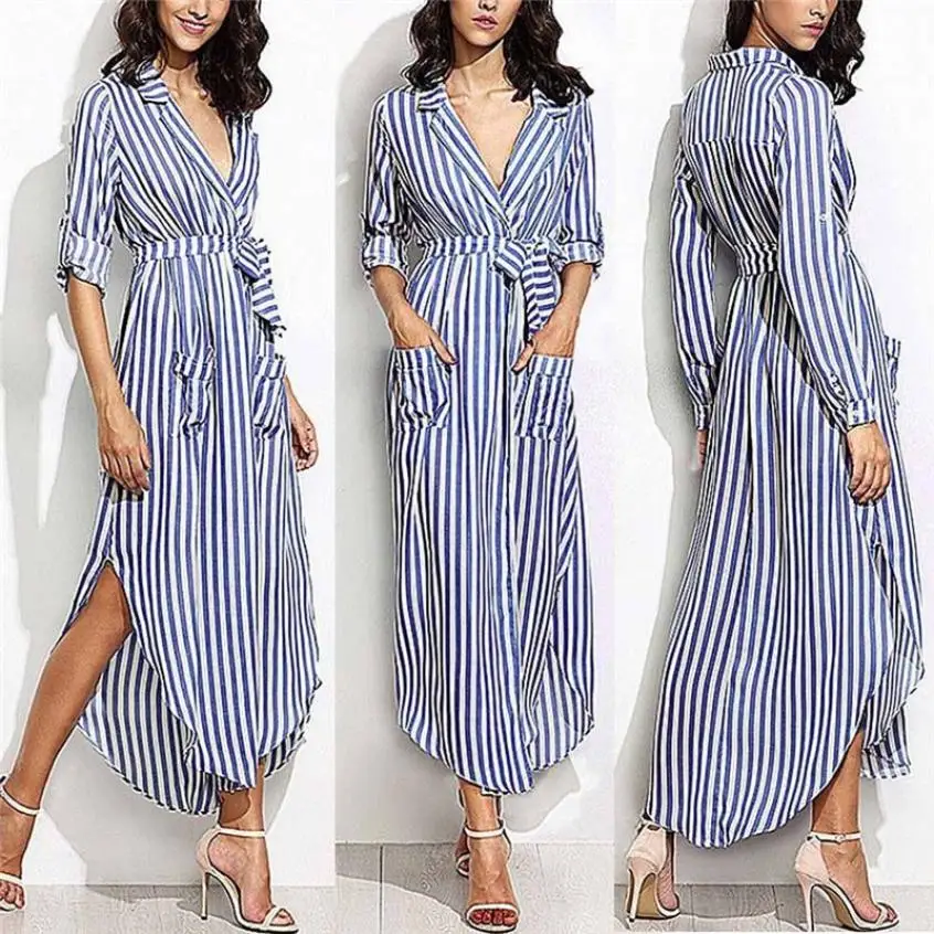 Женское Полосатое платье с поясом глубоким v-образным вырезом длинным рукавом