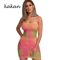 kakan summer new womens dress sexy print mesh openwork strap dress high waist nightclub dress