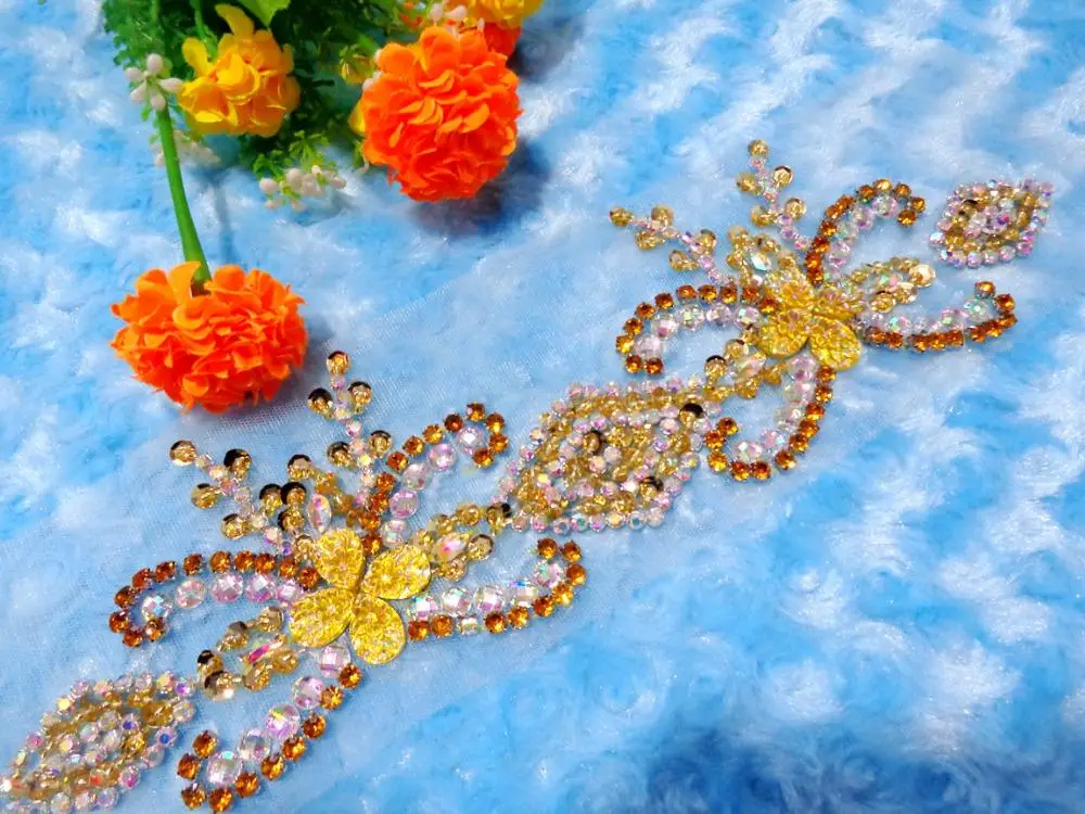 Патчи с кристаллами ручной работы A185 золотого/прозрачного цвета пришивные