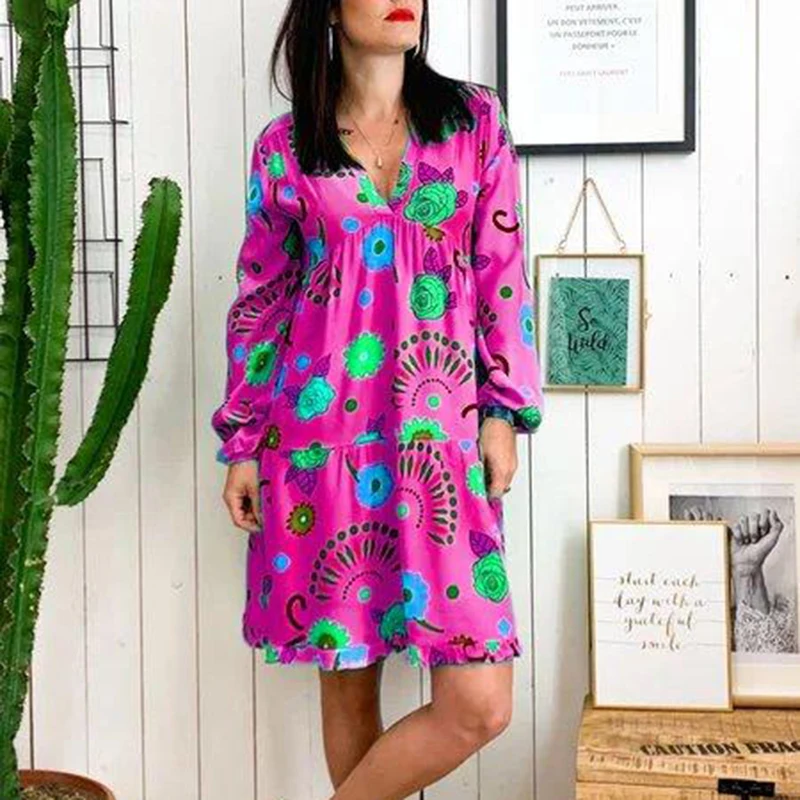 Длинные рукава свободные модные платья Цветочные пляжные вечерние повседневные