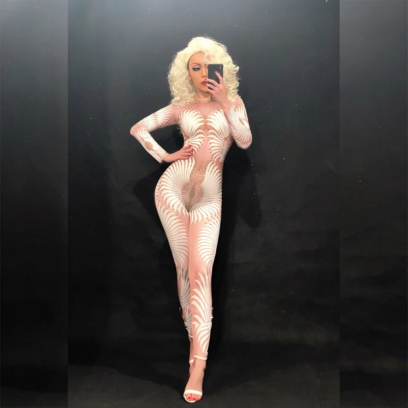 

Women Sexy White Flower Jumpsuit Color Sparkling Crystals Nightclub Party Bodysuit Stage Wear Dancer Singer Clothes