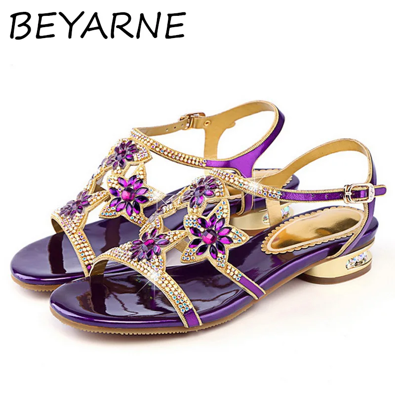BEYARNE 2018 Purple Blue Gold Optional Women's Sandals Sweet Leather Rhinestone Shoes Low-heeled Diamond E302 | Обувь