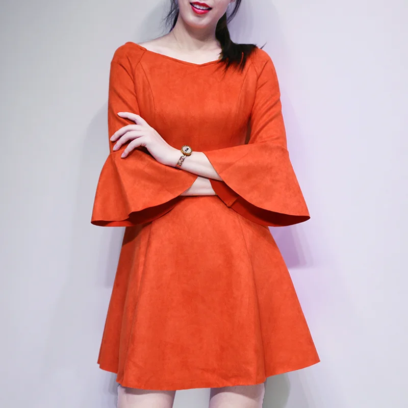 Женское Замшевое платье с рукавами фонариками завышенной талией|sleeve dress|suede dressflare