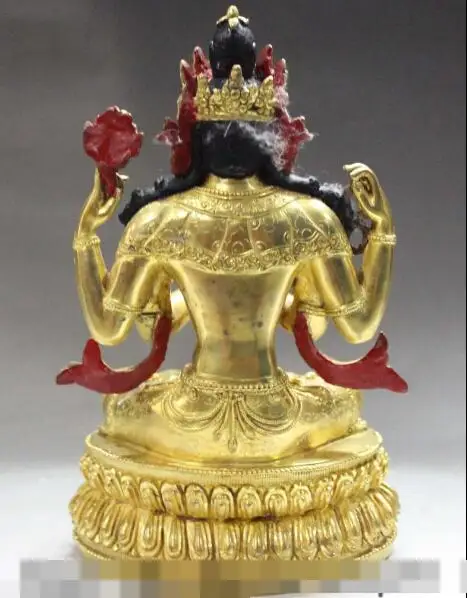 S5364 9 &quotТибет Буддизм Бронзовый 24 К Золото 4 Руки arms Ченрезиг Kwanyin Статуя Будды |