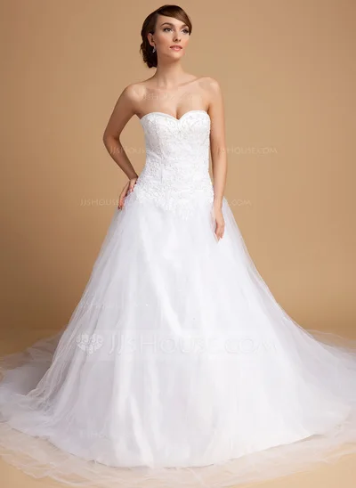 Ball-Gown Sweetheart Chapel Train Satin Tulle Wedding Dress With Lace Beading | Свадьбы и торжества