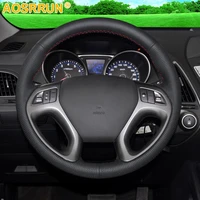 aosrrun black leather hand stitched car steering wheel cover for hyundai ix35 tucson 2 2011 2015 car accessories styling