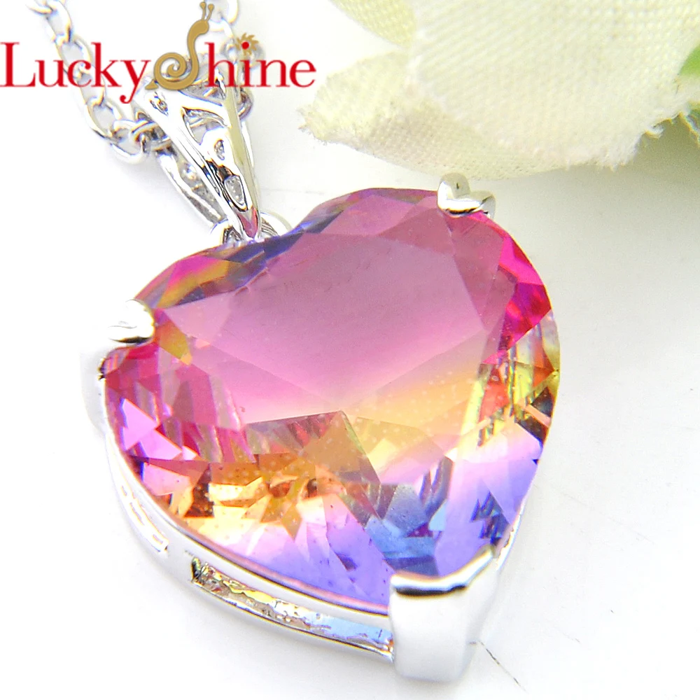 

Luckyshine 2 Pcs/Lot Rainbow Heart-shaped Pendant Fashion Silver Necklace Bi colored Tourmaline For Women Wedding Pendants