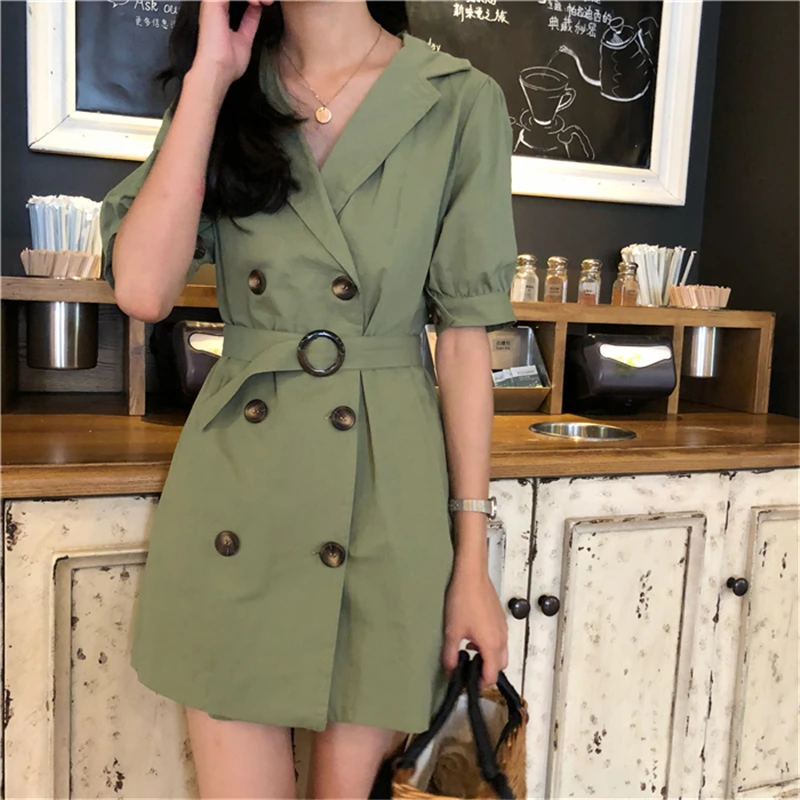 HziriP 2018 летнее женское платье пояса двубортный Vestidos Зубчатый воротник короткий