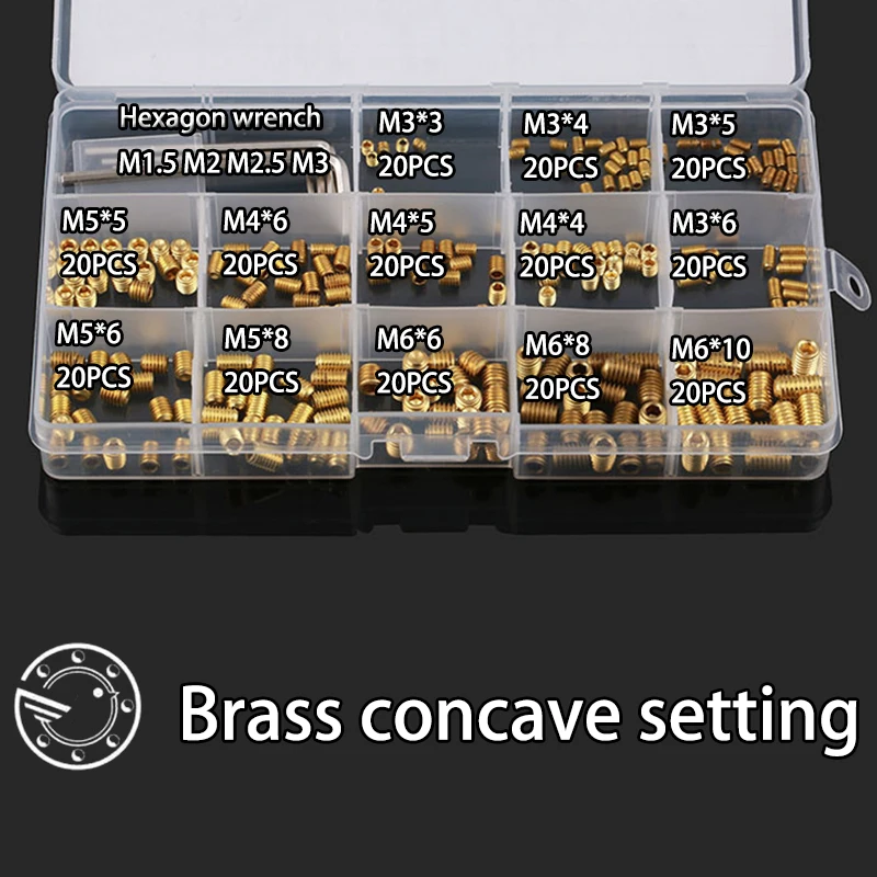 260Pcs M3 M4 M5 M6 Brass Metric Thread Grub Screws Flat Point Hexagon Socket Set Screws Headless Assortment Kit