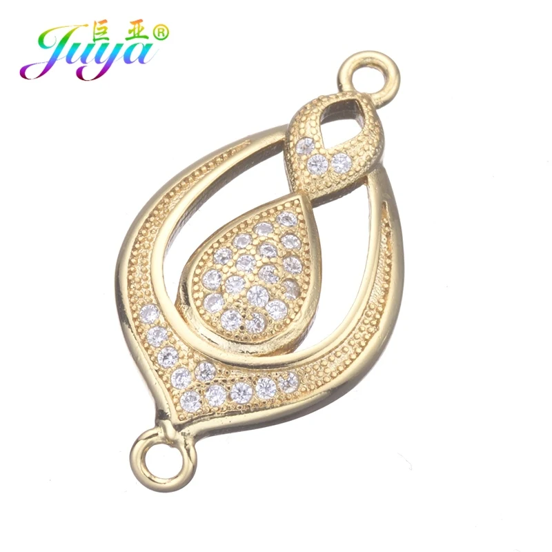Gold Juya DIY, женский модный браслет, ожерелье, серьги, фурнитура для изготовления, принадлежности для микро ПАВЕ, CZ Соединитель с цветочным узором, амулеты, аксессуары - Цвет: Gold