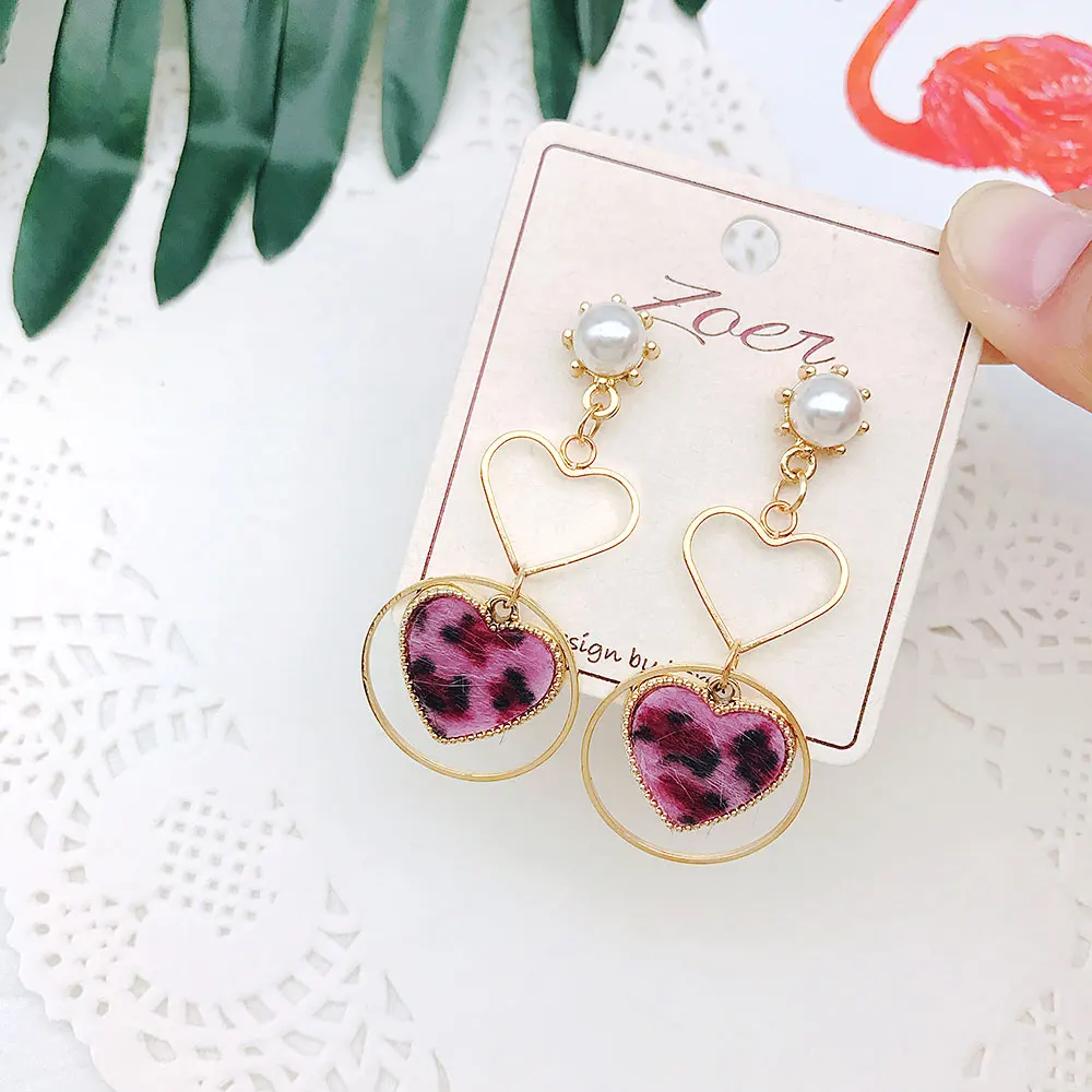 Japan and Korean Cute Sweet Leopard Print Love Heart Velvet Pearl Earrings for Women Girl Student | Украшения и аксессуары