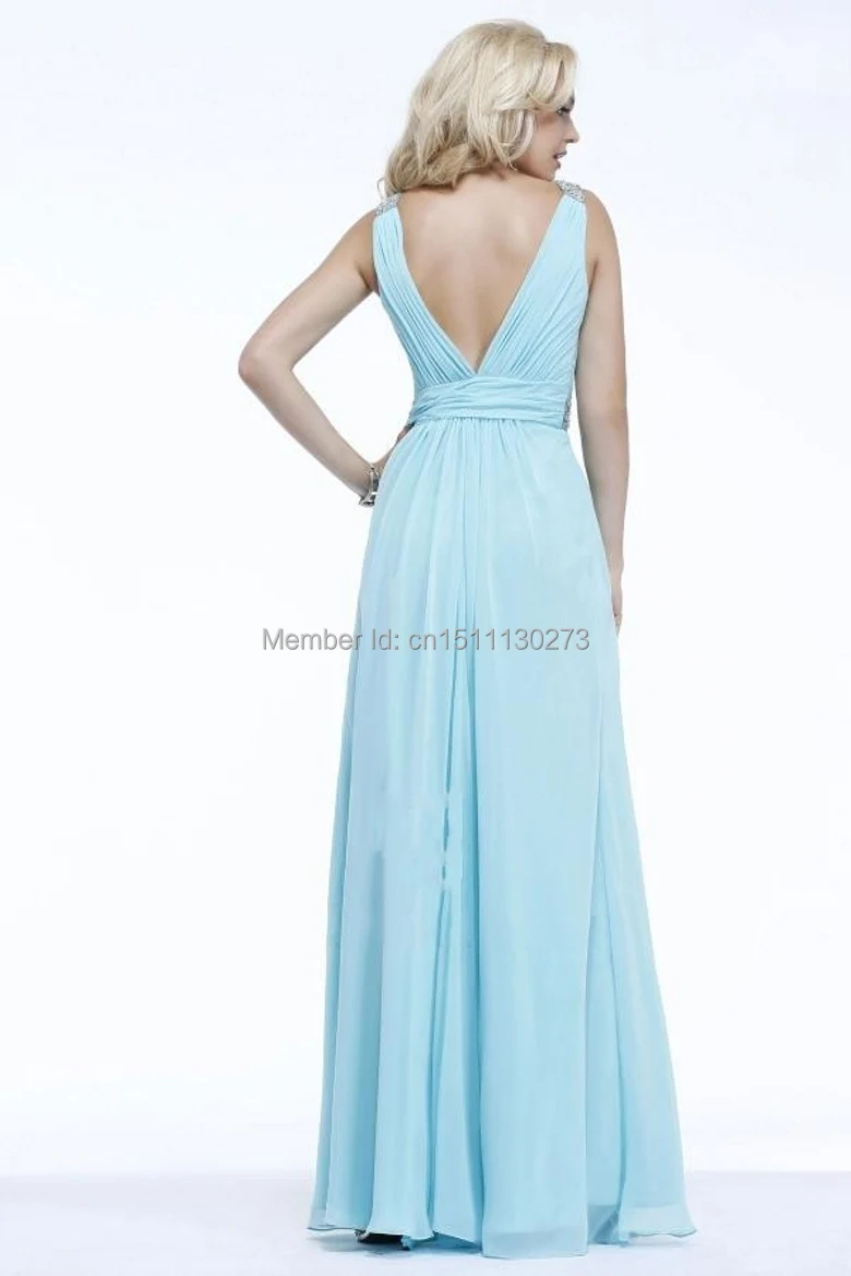 2014 Free Shipping Hot Sale Custom Made Sexy A-Line V-Neck Backless Pleat Beads Floor-Length Chiffon Prom Dresses Evening Gowns | Свадьбы и