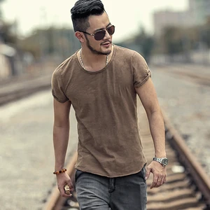 Мужская летняя одежда, потертая Ретро кофейная тонкая футболка с коротким рукавом, Мужская модная Тонкая Повседневная Однотонная футболка в европейском стиле, T516-3