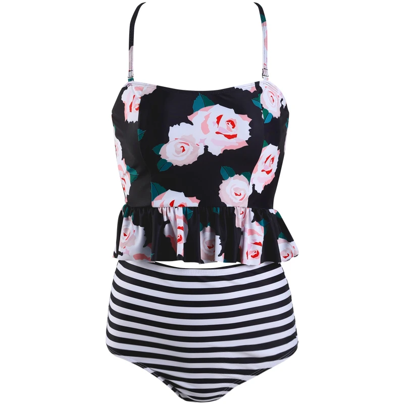 flower Stripe Милые купальники с цветочным принтом бикини купальный костюм для женщин Купальники Высокая талия ретро танкини купальный костюм Пляжная одежда - Цвет: flower Stripe