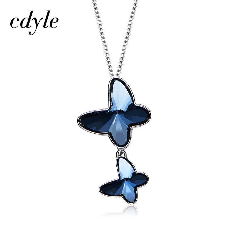 Blue Color Cdyle стерлингового серебра 925 ожерелье украшено кристаллами от Swarovski бабочки подвесные женские украшения ожерелье - Окраска металла: Blue Color
