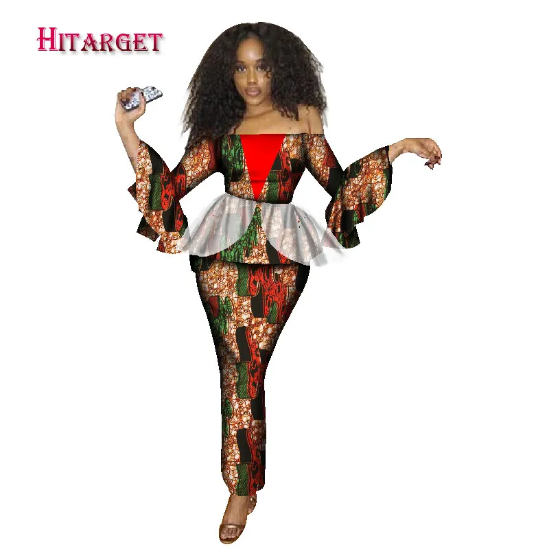 

2019 Fashion African Skirt Set Slash neck Sexy Top+ Long Skirt African Print Wax & Lace Fabrics Skirt Set Kanga Cloing WY1647