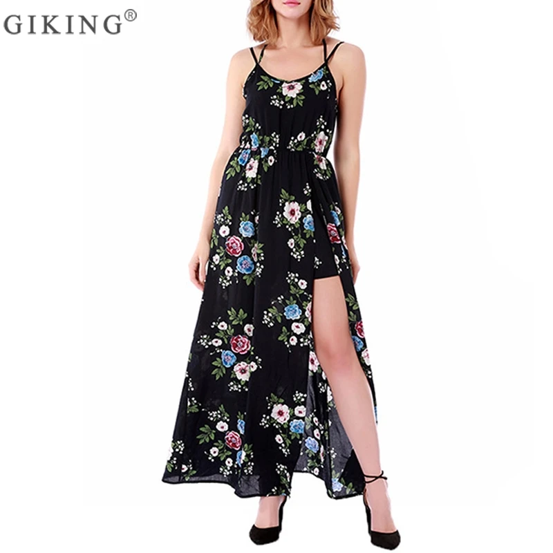 GIKING Women Floral Print Summer Dress High Split Fake 2 Pieces Sexy Shorts V-neck Maxi Party Boho Spaghetti Strap Vestido | Женская