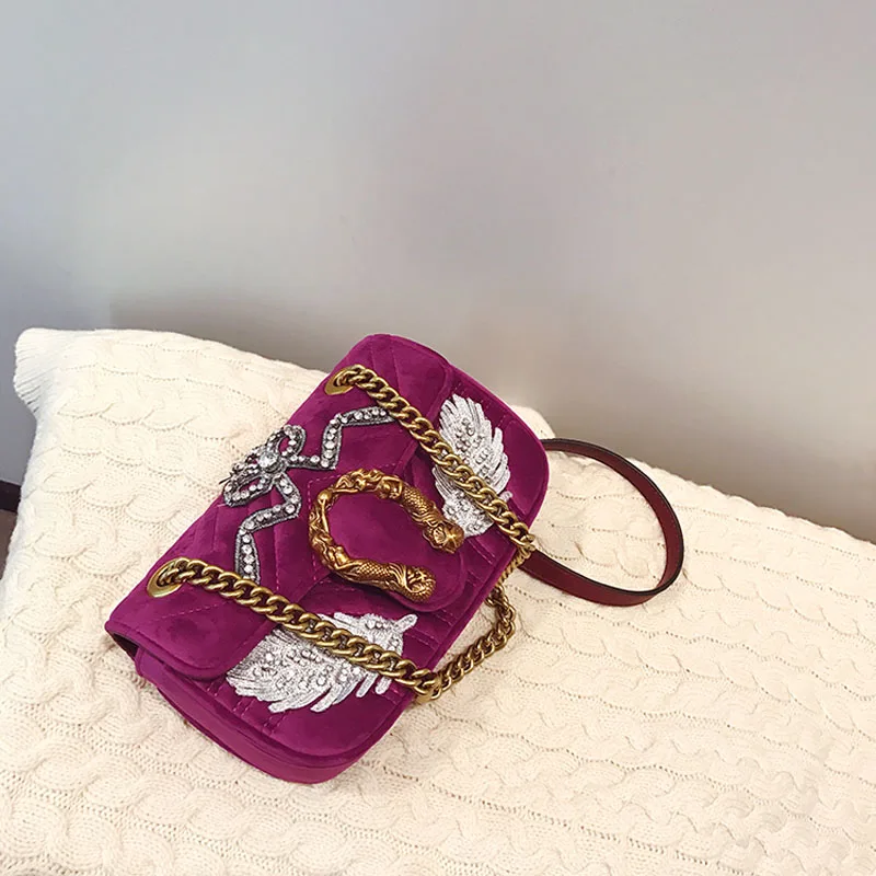 

2021 New Fashion Brand Design Diamonds Embroidered Women Shoulder Bags chain Handbags Velvet Messenger Bags S200