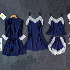 Daeyard Женская пижама, сексуальное нижнее белье, летняя Пижама, комплект из 4 предметов, Шелковый топ, кружевной халат, ночная рубашка, повседневный домашний костюм, пижама