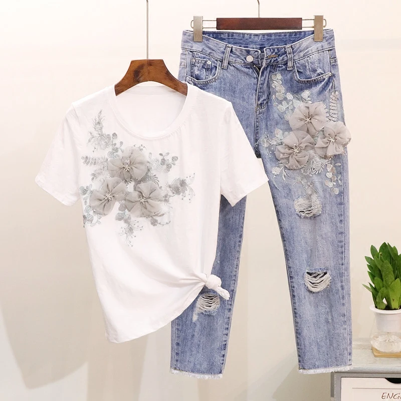 Женский костюм с вышивкой ALPHALMODA футболка цветочной + джинсы комплект из 2
