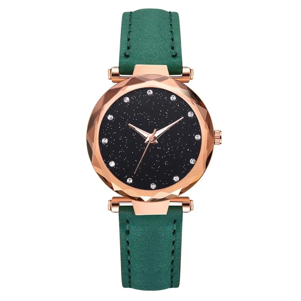 Зеленый Топ часы женские модные часы ремешок для часов PU браслет Femme Montre звездное небо платье стразы женские Zegarek Damski - Цвет: Зеленый