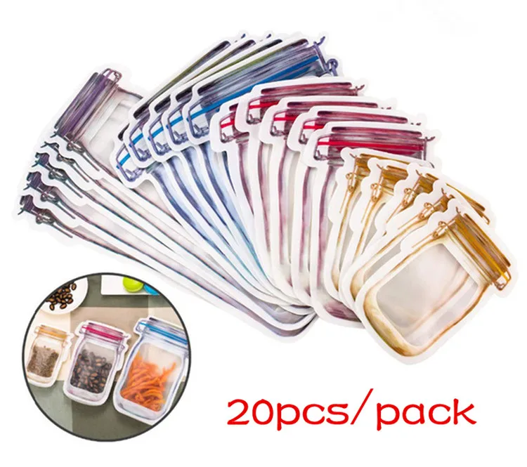 20pcs Leotriting 5 шт.-20 шт. Mason сумки для стеклянной посуды портативные Mason Jar сумки на молнии уплотнение Сумки для хранения пищи многоразовые дорожные мешочки для снеков - Цвет: 20pcs