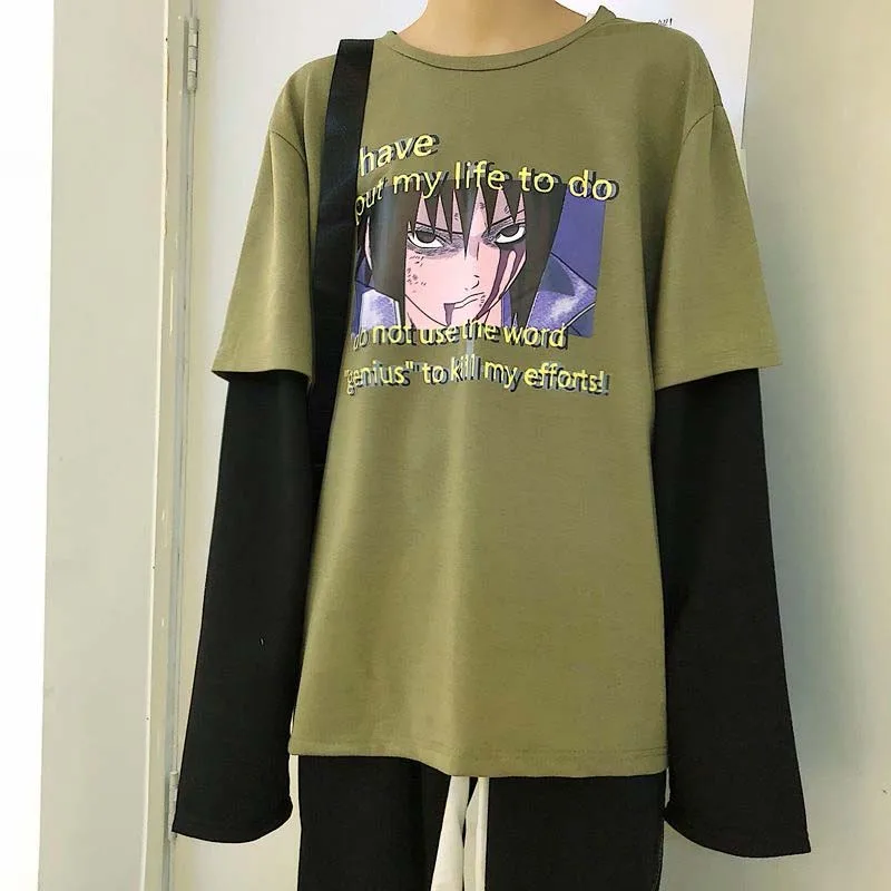 NiceMix Harajuku футболка Женская Лоскутная поддельная 2 шт. принт комиксы унисекс длинный рукав рубашка женская уличная одежда Pull Femme Джерси - Цвет: Армейский зеленый