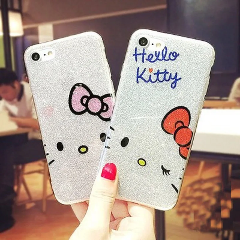 Draw Original Cute Hello Kitty Bling Glitter edge Soft Phone Case for iPhone 7 6s Plus Shine Back Cover iphone 8 X | Мобильные