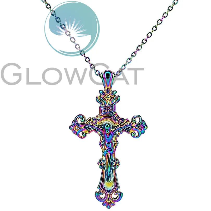 

Rainbow Flower Cross Pendant Religious Jesus Cruz Necklace For Women Christ Jewelry Crucifix Pendant Necklace