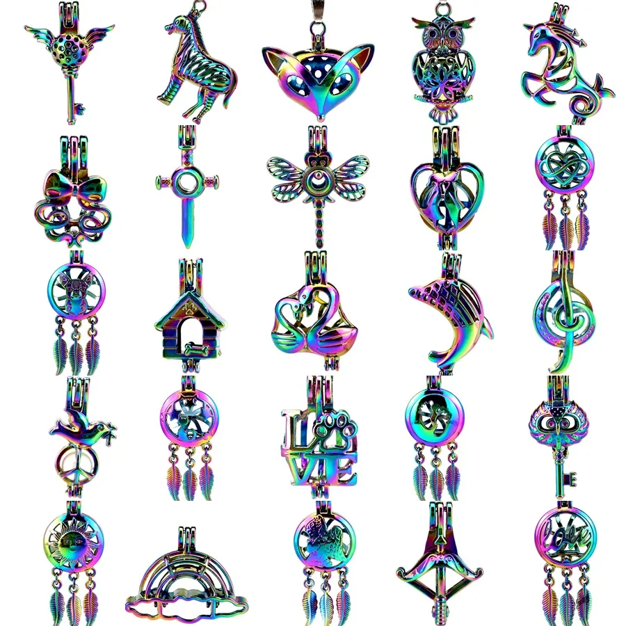 

1X Rainbow Beads Cage Dream Catcher Animal Swan Dolphin Key Locket Perfume Diffuser Oyster Pearl Cage for Pendant